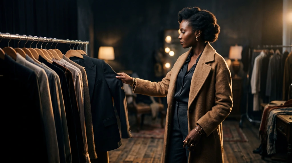 Stylist curating pieces from a clothing rack in a warm studio — Simply Rooted Radiance
